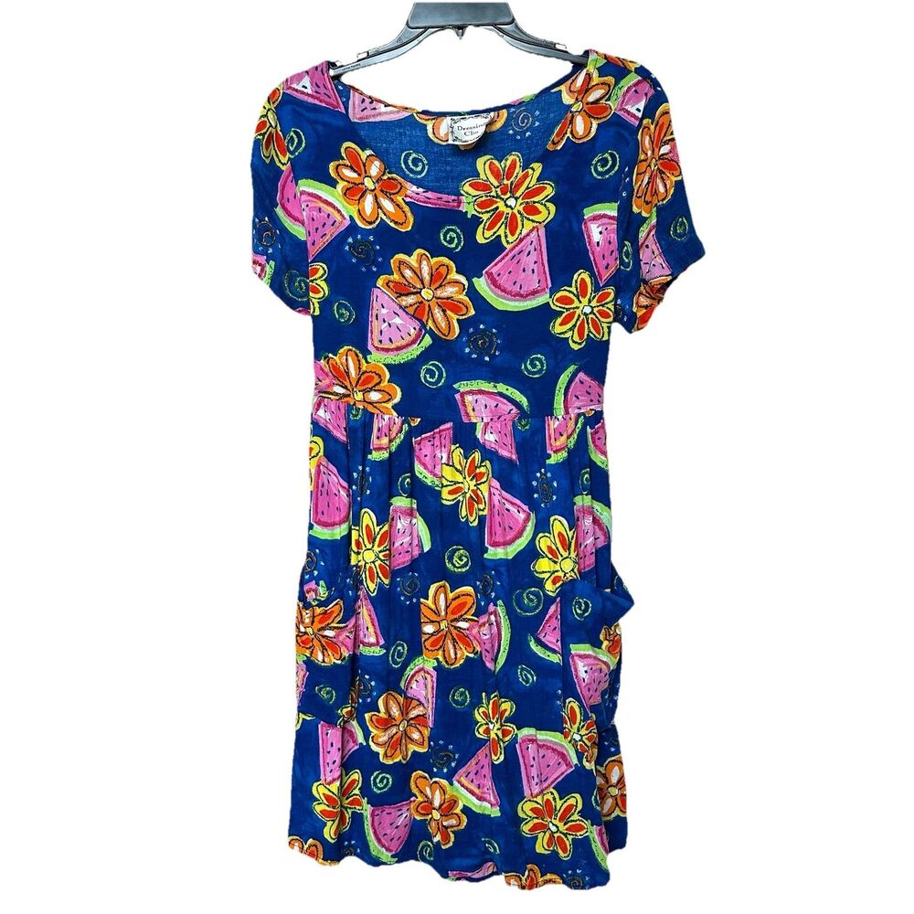 Vtg Dressing Clio Dress Lg Midi Short Sleeve Watermelon Floral Novelty Kidcore